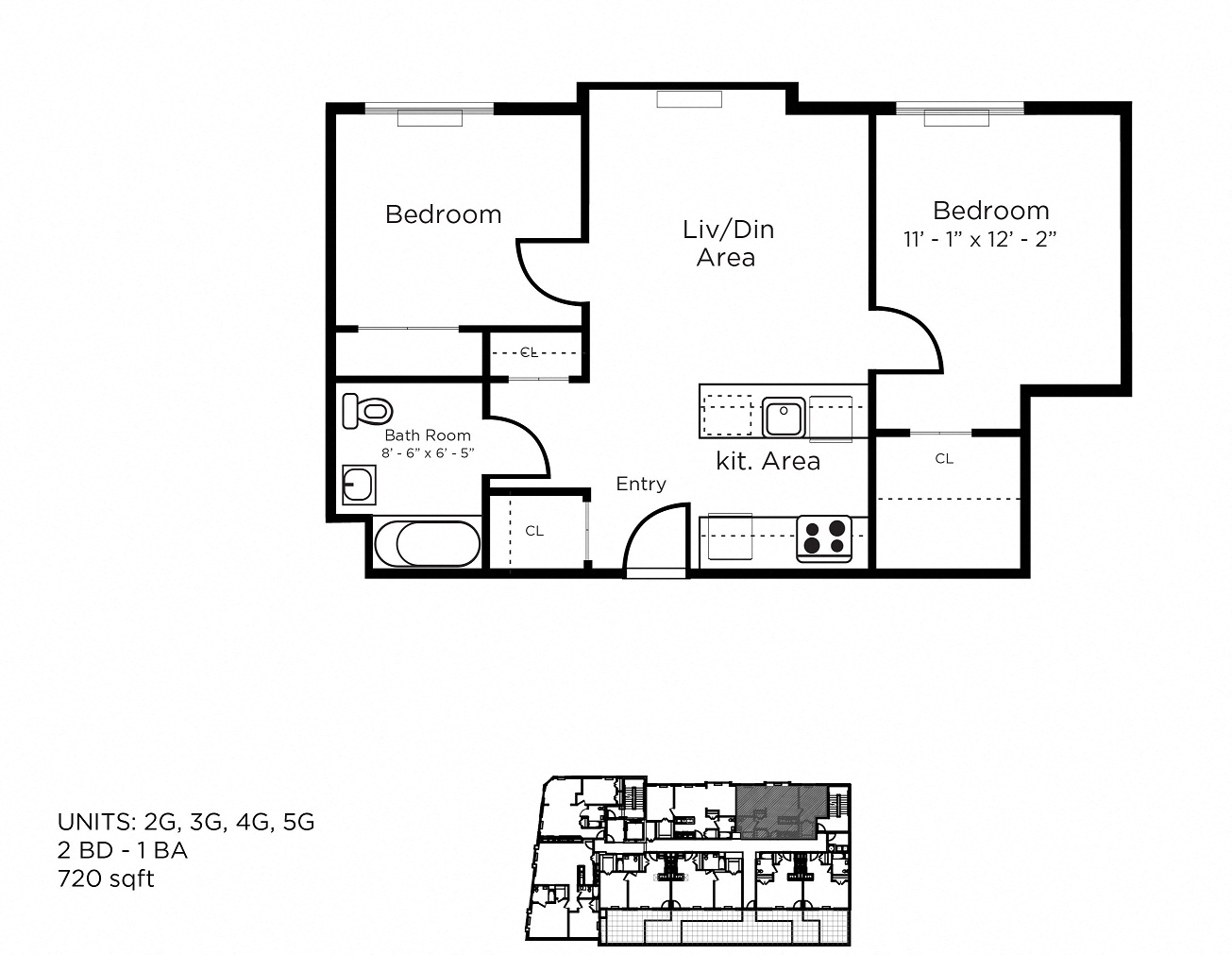 Floor plan for 2 beds, 1 bath, 750 sqft